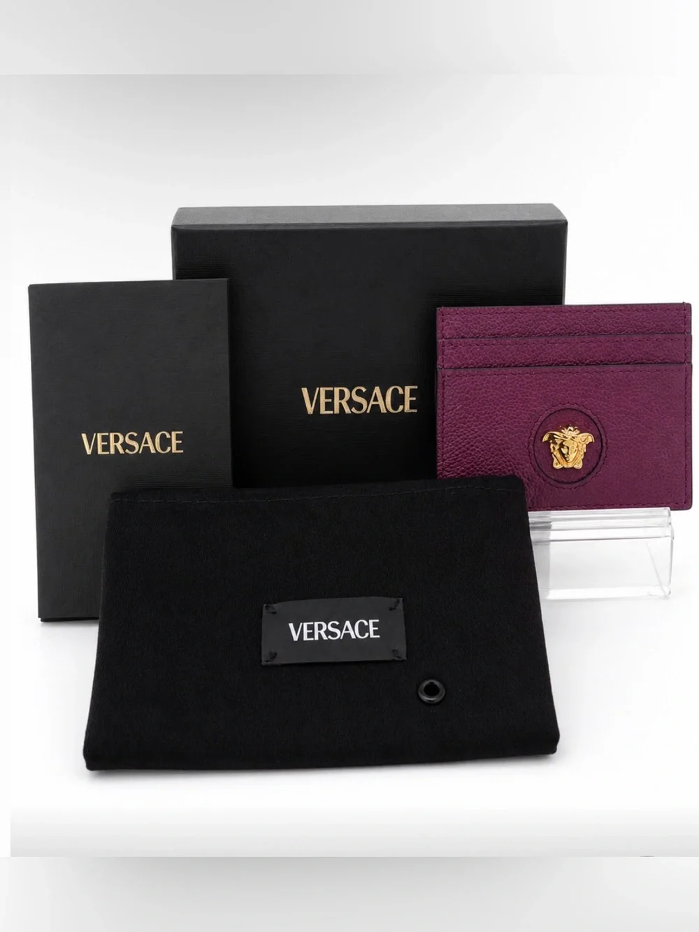 Versace La Medusa Leather Card Holder – Deep Purple/Gold